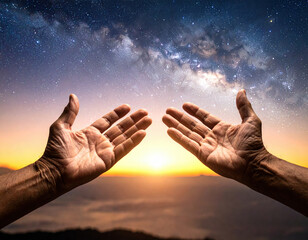 Weathered and calloused hands reach towards vast expanse of universe, embracing beauty of sunset and stars above, evoking sense of wonder and connection