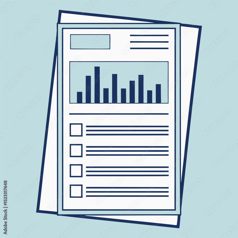 Poster business report with graph and checklist documents on a light blue background