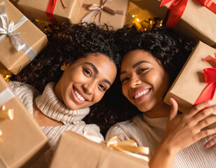 Cozy women smiling joyfully surrounded by beautifully wrapped gifts, celebrating festive season with warmth and happiness. Their expressions radiate love and friendship