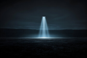 retro sci-fi art, alien theme with ufo beaming light in a desert in retro sci-fi poster style, with a grainy texture