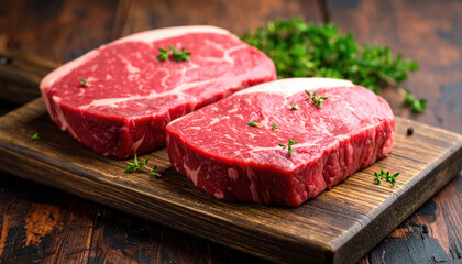 Fresh cuts of beef steak with rich marbling, garnished with thyme, resting on wooden board. vibrant red color and texture highlight quality of meat, evoking sense of culinary delight