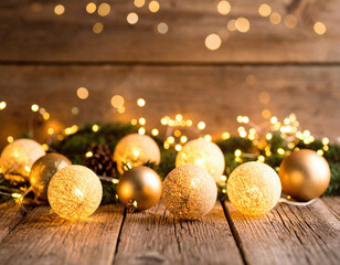 Cozy golden orbs of light illuminate rustic wooden backdrop, creating warm and inviting atmosphere perfect for festive celebrations. soft glow enhances charm of scene