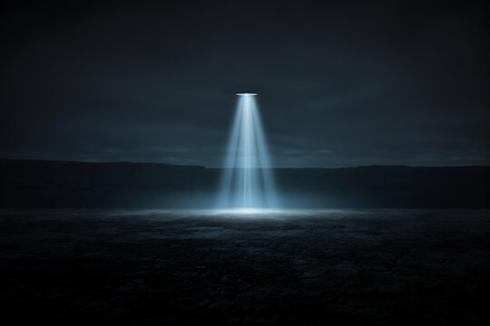 retro sci-fi art, alien theme with ufo beaming light in a desert in retro sci-fi poster style, with a grainy texture