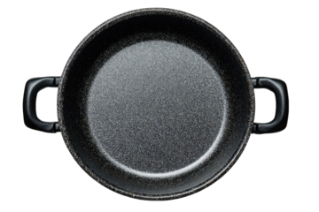 Top view of a dark gray round pan with handles