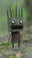 A whimsical creature stands in a misty forest clearing with its odd shape and unique expression