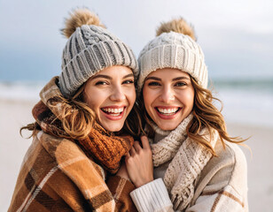 Cozy young women bundled in scarves and hats smile brightly against winter backdrop, radiating warmth and joy despite chilly weather