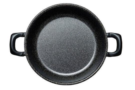 Top view of a dark gray round pan with handles