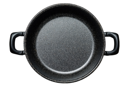Top view of a dark gray round pan with handles