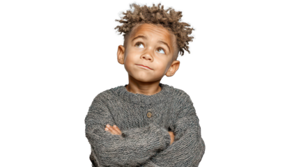 Thoughtful child with short afro, looking upward with hopeful eyes, arms crossed, close-up face shot, transparent background.
