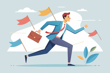 Businessman Running Towards Success businessman suit running forward carrying briefcase and with flags representing success and goals the background focused his journey and achieving his