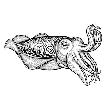 Black and white line art of cuttlefish &mdash; detailed marine cephalopod illustration.