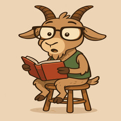 A quirky cartoon goat sitting on a stool, wearing nerdy square glasses and a green vest, holding a book while looking surprised. The style is cute and playful with a plain background.