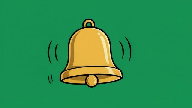 Animated Golden Bell Ringing Against Green Background, Cartoon Style