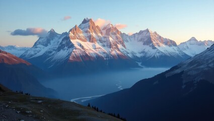 Majestic mountain range bathed in sunrise hues.