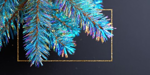 Blue Christmas tree decorated with a gold frame, festive holiday decor on a plain background.