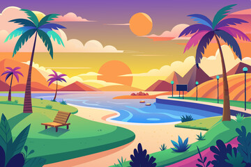 Colorful Sunset Beach Scene with Palm Trees vibrant illustration beach scene sunset trees line the shore wooden bench sits the grassy area and calm body