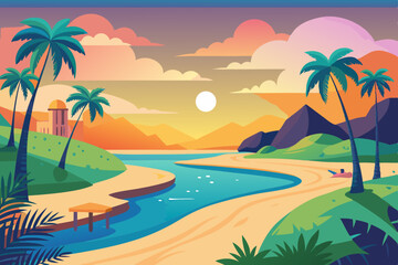 Sunset Beach Paradise Landscape Illustration vibrant illustration tropical beach scene sunset Palm trees line the shore calm river meanders through the sand and mountains rise