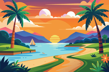 Sunset Beach Scene with Palm Trees vibrant illustration tropical beach sunset winding path leads the water s edge palm trees mountains and sailboat visible The colors