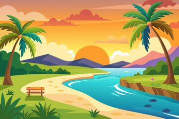 Obraz premium Sunset Landscape with Palm Trees and River vibrant illustration serene landscape sunset river flows through grassy area next mountains palm trees park bench near the