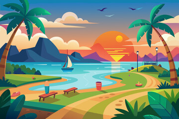 Tropical Sunset Beach Scene vibrant illustration tropical beach sunset sailboat floats calm ocean with mountains the background and palm trees lining the shore park like area