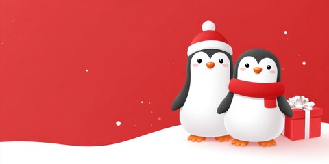 Two penguins standing side by side on ice with a blurred snowy background in daylight.