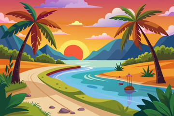 Tropical Sunset River Landscape Illustration vibrant illustration tropical river scene sunset Palm trees line the sandy banks with mountains the background calm river flows through
