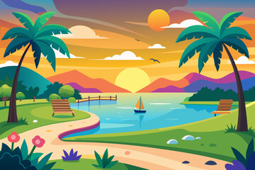 Sunset Lakeside Park Scene vibrant illustration park lake sunset Palm trees path bench and sailboat are featured The colors are bright and cheerful sunset lake