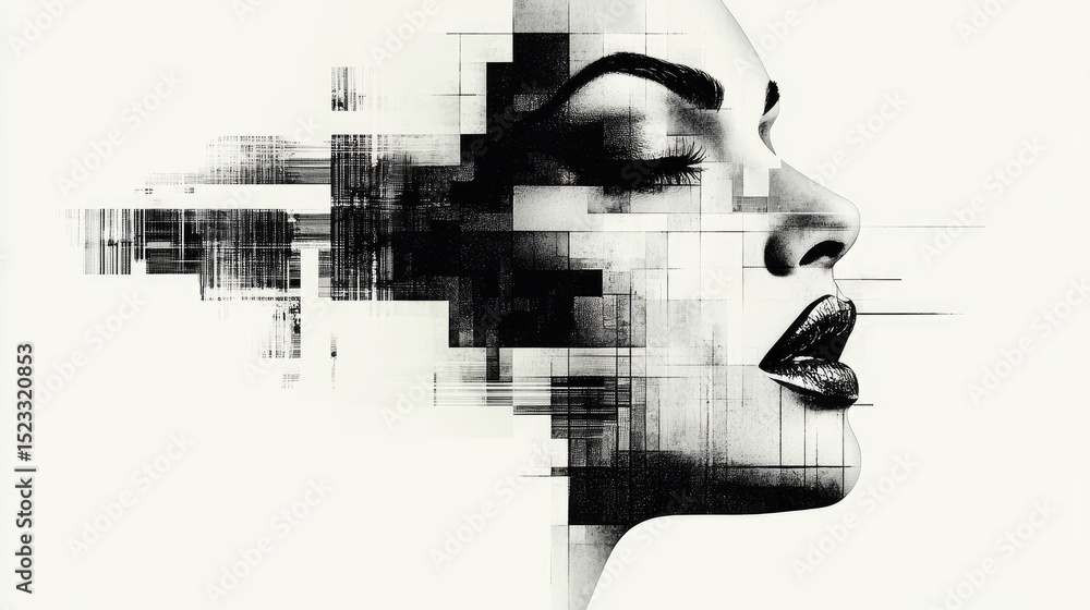 Poster woman's profile merges with fragmented blocks, creating a digital glitch effect on a white backdrop