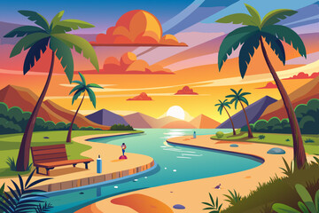 Tropical Sunset Beach Scene vibrant illustration tropical beach sunset Palm trees line the shore and calm river flows through the scene wooden bench sits the
