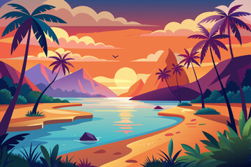 Tropical Sunset Beach Scene Vibrant illustration tropical beach sunset Palm trees line the shoreline with mountains rising the background Calm water reflects the warm colors