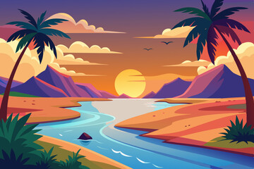 Sunset Tropical River Landscape vibrant illustration tropical river flowing through landscape sunset Palm trees flank the riverbank with mountains rising the background The colors are