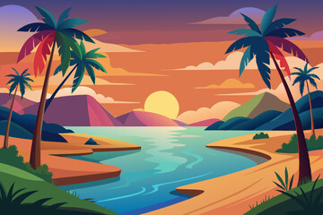 Sunset Beach Scene with Palm Trees Vibrant illustration tropical beach sunset trees line the shore calm body water and colorful mountains the background sunset beach