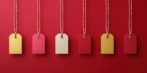 Close-up of white paper tags hanging from natural twine strings on a neutral background.