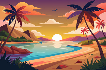 Tropical Sunset Beach Scene vibrant illustration tropical beach sunset Palm trees line the shoreline while mountains rise the background calm river flows into the ocean