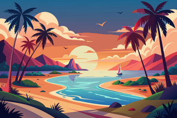 Tropical Sunset Beach Scene vibrant illustration tropical beach sunset Palm trees frame calm bay with small sailboat Mountains and colorful vegetation surround the sandy shore