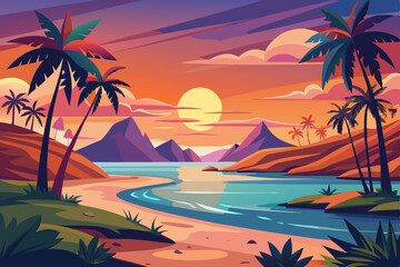 Sunset Tropical Beach Scene Vibrant illustration tropical beach sunset Palm trees line the shoreline with mountains rising the background Calm water gently laps the sandy