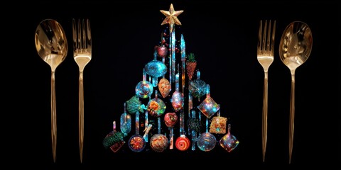 Christmas tree crafted from silver forks and spoons on a white background, minimalist holiday decor.