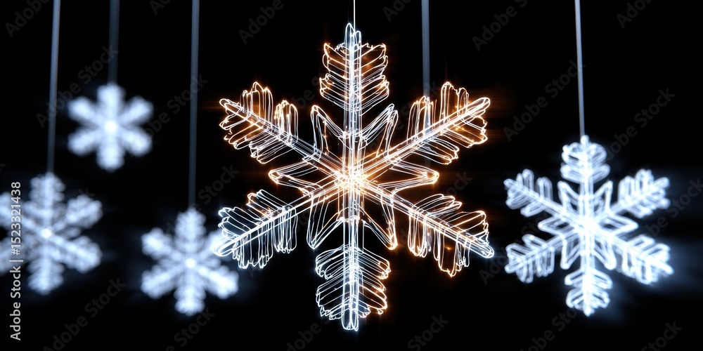 Wall mural delicate snowflake ornaments hanging on strings with soft glowing lights in a dark background.