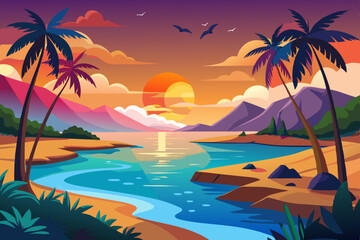 Tropical Sunset Beach Landscape Vibrant illustration tropical beach sunset Palm trees line the shore with mountains rising the background calm body water reflects the golden