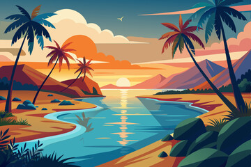 Tropical Sunset Beach Scene vibrant illustration tropical beach sunset Palm trees line the shoreline with mountains the background calm river flows into the ocean reflecting