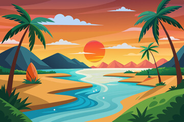 Tropical Sunset Beach Scene with Surfboard vibrant illustration tropical beach sunset Palm trees line the shore mountains the background and flowing river leading the ocean
