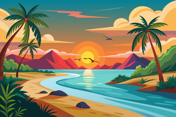 Tropical Sunset Beach Scene vibrant illustration tropical beach sunset Palm trees line the shore with mountains rising behind calm ocean The colors are bold and