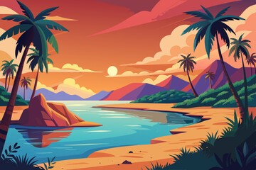 Tropical Sunset Beach Scene Illustration vibrant illustration tropical beach sunset Palm trees line the shore mountains rise the background and calm body water reflects the