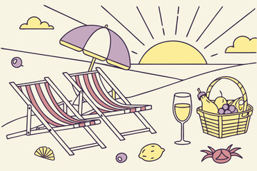 Beach Sunset Picnic Scene scene sunset featuring two beach chairs umbrella picnic basket with fruit and glass wine Simple line art style beach sunset picnic