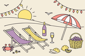Beach Sunset Relaxation Scene charming illustration beach scene sunset Two beach chairs wine bottle glass wine umbrella grapes basket and lemons are depicted The scene