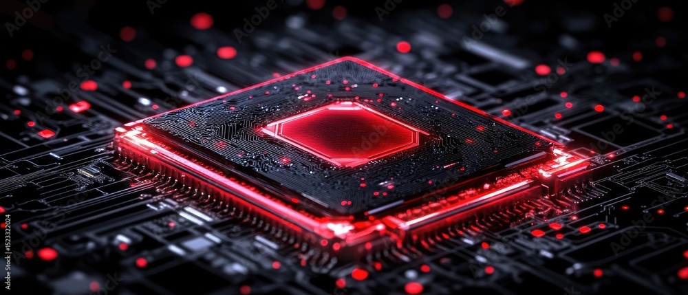 Poster close-up of a microchip with red glow, intricate circuits, and scattered light particles on a dark s