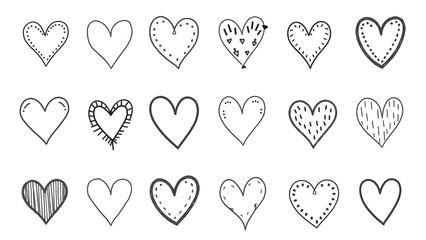 Hand-Drawn Doodle Heart Shapes in Black on White