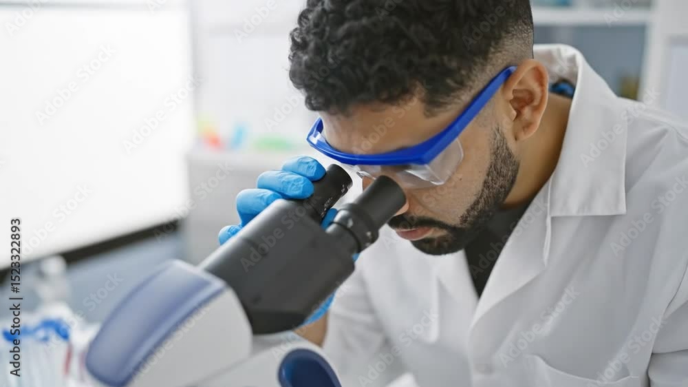Poster scientist using microscope in laboratory for scientific research and experimentation