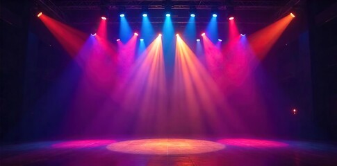 Dynamic stage lighting creates vibrant beams of color and light, illuminating a dark performance space, ideal for concert, theater, and event promotion , lighting rig, disco ball