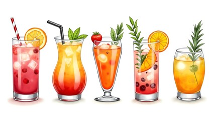 Watercolor Illustration of Colorful Summer Cocktails and Drinks